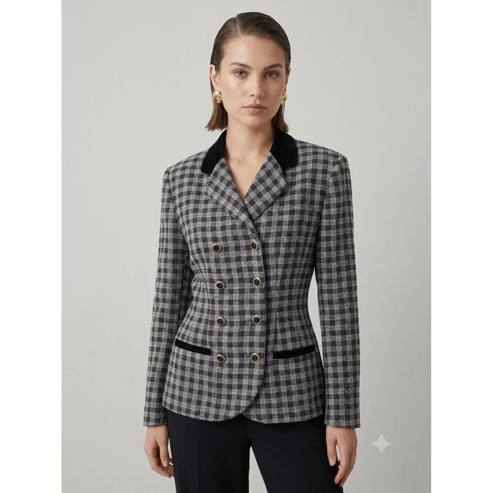 Vintage Old Money Double Breasted Blazer Check Plaid Chic 90s Chic Preppy Sz 12